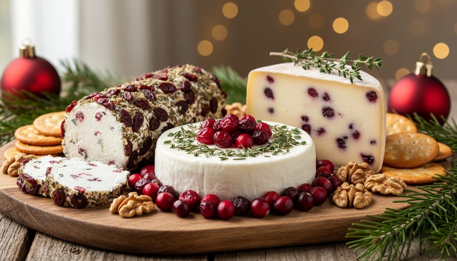 Close-up of festive cheese selection with cranberry-studded brie and herb-crusted varieties