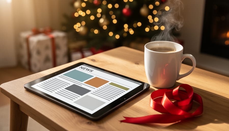 Steaming coffee beside a tablet on a wooden table with a red gift ribbon in warm morning light, with softly blurred Christmas tree lights and a wrapped present in the background.