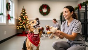 Dog in red holiday bandana looking up at kneeling caretaker offering a toy in a warmly lit, Christmas-decorated boarding facility lobby, with blurred kennels, wreath, and other dogs with staff in the background