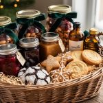 Wicker hamper filled with vintage mason jars of spiced nuts and dried cranberries tied with velvet ribbons, jewel-toned jam jars, a small amber vanilla bottle, and assorted cookies, nestled in shredded kraft paper, with blurred evergreens and twinkle lights behind in soft winter window light.