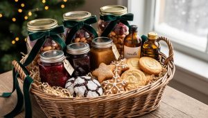 The Edible Gifts That Make Christmas Morning Unforgettable Wicker hamper filled with vintage mason jars of spiced nuts and dried cranberries tied with velvet ribbons, jewel-toned jam jars, a small amber vanilla bottle, and assorted cookies, nestled in shredded kraft paper, with blurred evergreens and twinkle lights behind in soft winter window light.