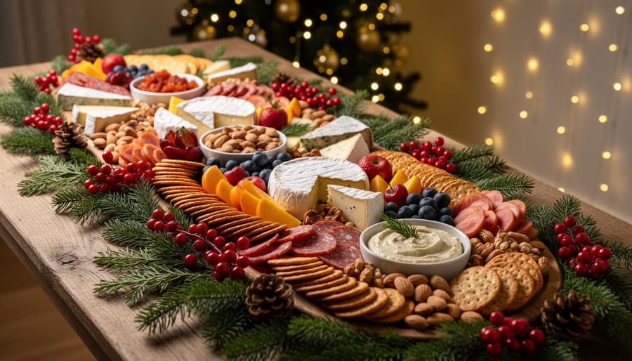 Christmas grazing table decorated with pine sprigs, rosemary, berries, and fairy lights