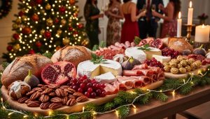 Christmas Grazing Tables That Make Your Holiday Party Unforgettable Medium-wide overhead angle of a Christmas grazing table featuring artisan breads, brie, charcuterie, pomegranate halves, cranberry clusters, prosciutto-wrapped figs, candied pecans, and gold-dusted walnuts with evergreen sprigs and twinkle lights, with a blurred Christmas tree and guests in the background.