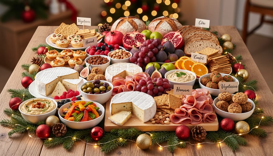 Overhead view of festive Christmas grazing table with cheeses, meats, fruits, and holiday decorations