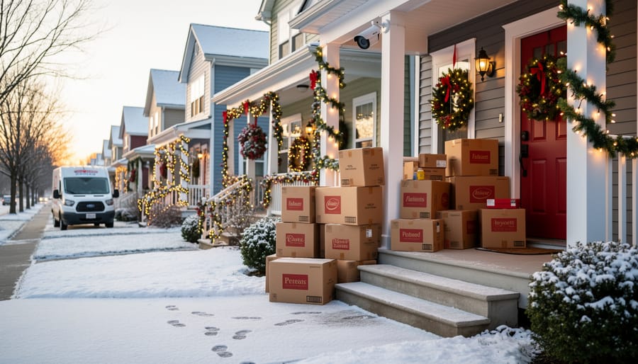 Stacked delivery packages on residential front porch decorated with Christmas wreath