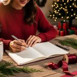 Woman in a cozy sweater plans Christmas at a wooden table with an open planner, pen, hot cocoa, evergreen sprigs, ribbon, and an hourglass, with a softly blurred Christmas tree glowing in the background.