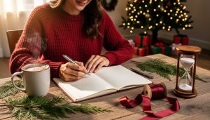 How a Christmas Planner Saved My Sanity (And Made the Holidays Magical Again) Woman in a cozy sweater plans Christmas at a wooden table with an open planner, pen, hot cocoa, evergreen sprigs, ribbon, and an hourglass, with a softly blurred Christmas tree glowing in the background.