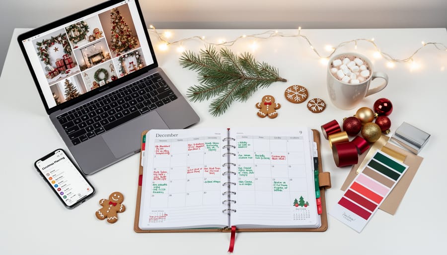 Overhead view of Christmas planner with festive planning supplies and hot cocoa on wooden table