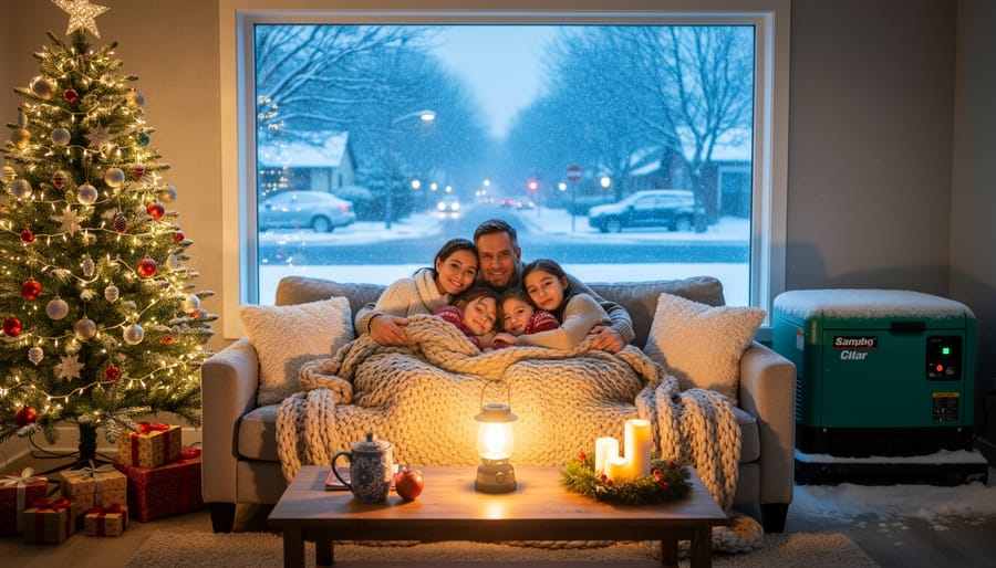 Cozy living room at night with a glowing Christmas tree and family under blankets, lit by a battery lantern during a power outage, with a snow-covered standby generator visible through the window.