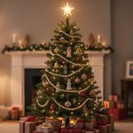 Warmly lit evergreen Christmas tree with star topper, handmade garland, and heirloom ornaments in a cozy living room, with a softly blurred fireplace mantle, wrapped gifts, and family photos in the background.