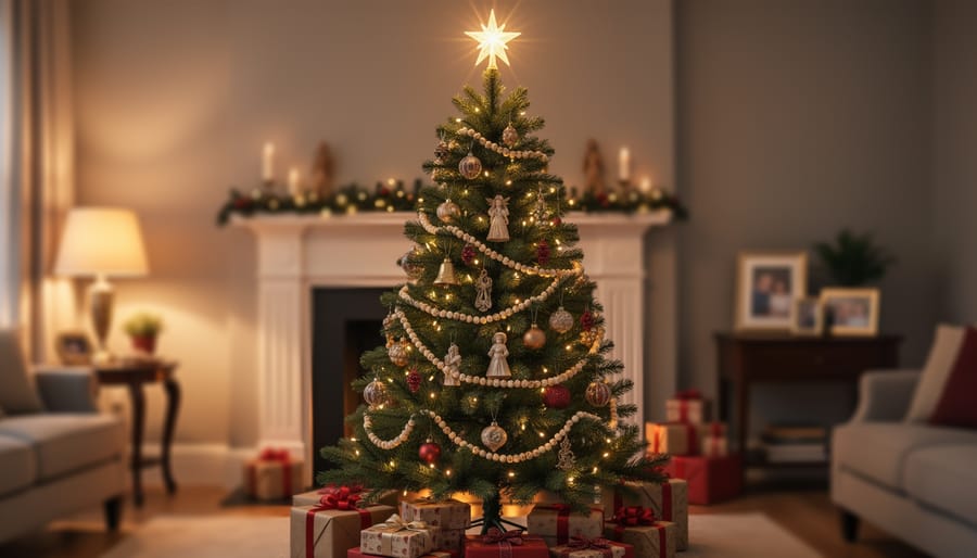 Warmly lit evergreen Christmas tree with star topper, handmade garland, and heirloom ornaments in a cozy living room, with a softly blurred fireplace mantle, wrapped gifts, and family photos in the background.