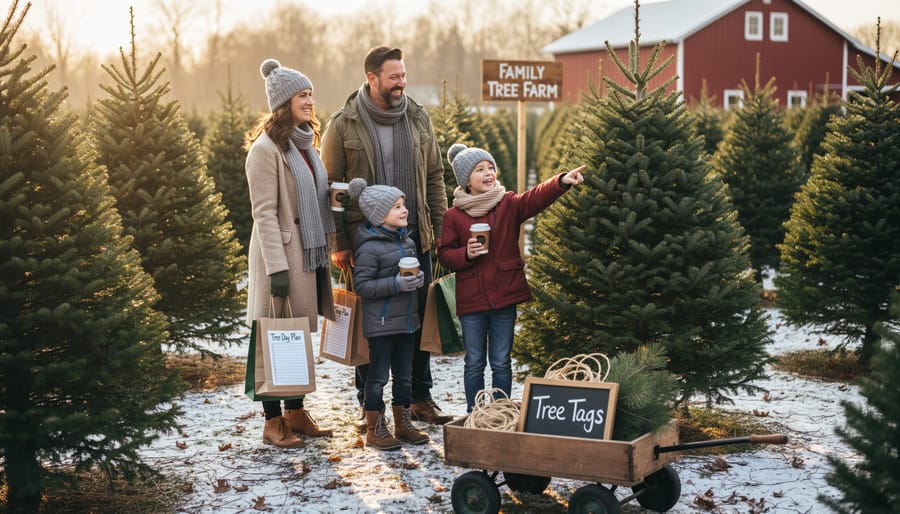 Father and daughter carrying freshly cut Christmas tree through snowy tree farm at dusk