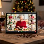 Tablet on a wooden coffee table showing a virtual cooking class with a smiling grandmother instructor and multiple participants, with a whisk, coffee beans, and a wine tasting kit nearby and a blurred Christmas tree glowing in the background.
