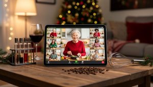 The Gift That Brings Christmas Magic Straight to Their Screen Tablet on a wooden coffee table showing a virtual cooking class with a smiling grandmother instructor and multiple participants, with a whisk, coffee beans, and a wine tasting kit nearby and a blurred Christmas tree glowing in the background.