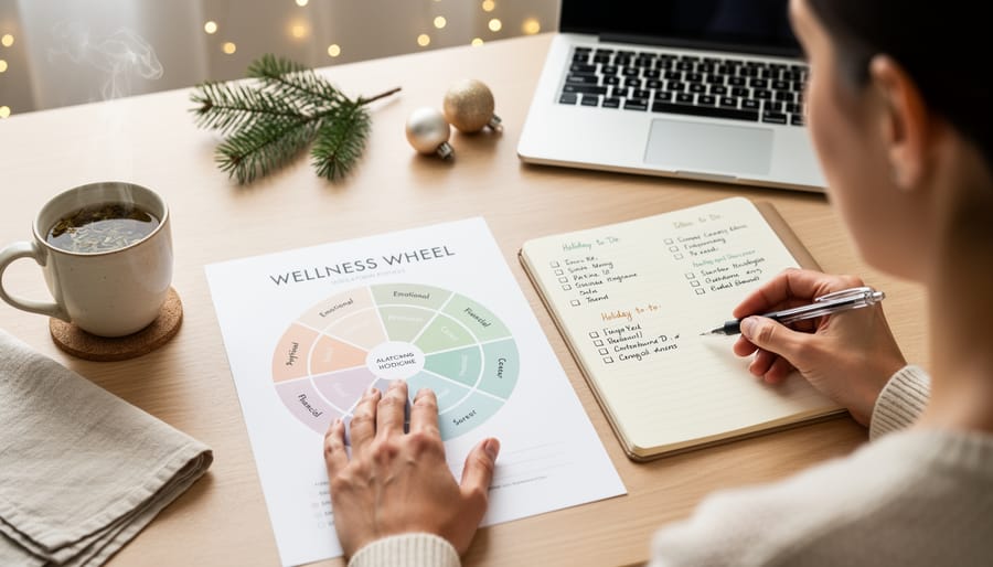 Blank journal with pen, hot cocoa, and candle on cozy blanket for holiday wellness planning