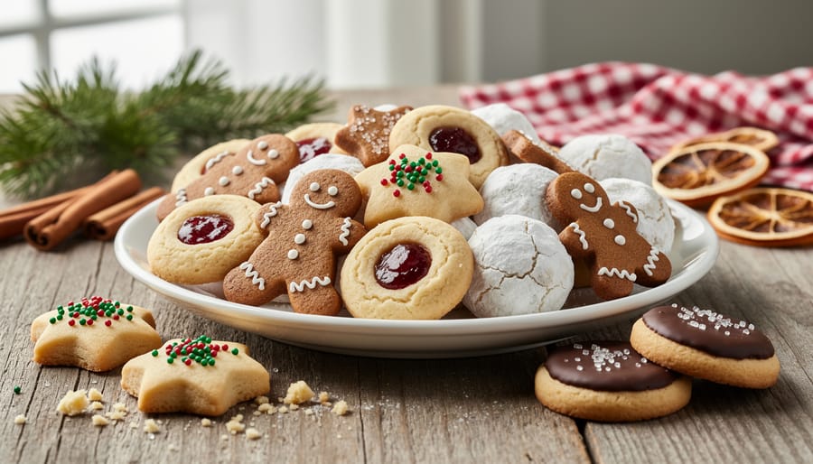 Assorted decorated Christmas cookies including sugar cookies, gingerbread, and shortbread on wooden table