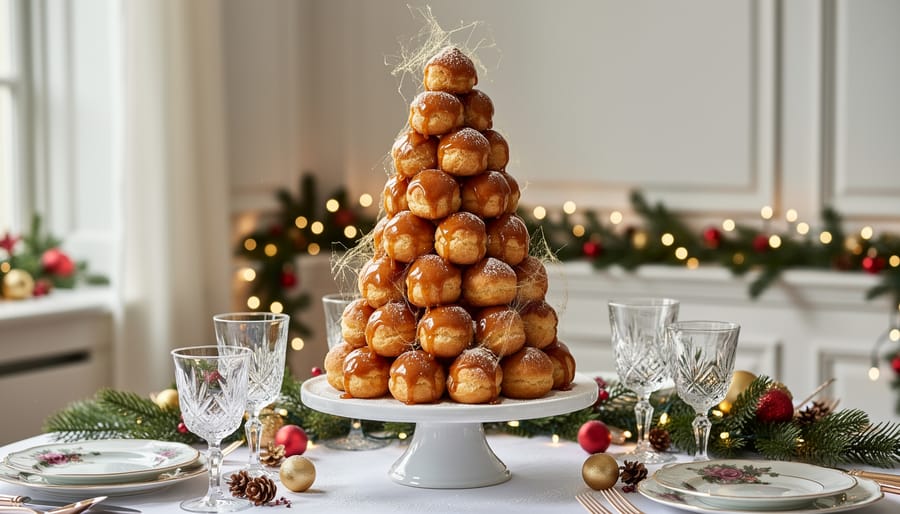Elegant croquembouche tower of cream puffs with caramel on festive Christmas table