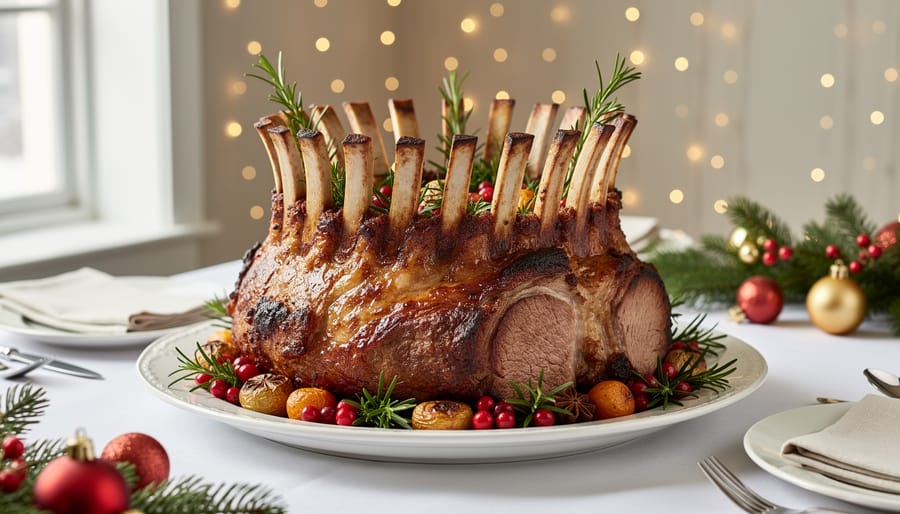 Crown roast of lamb garnished with rosemary on elegant serving platter