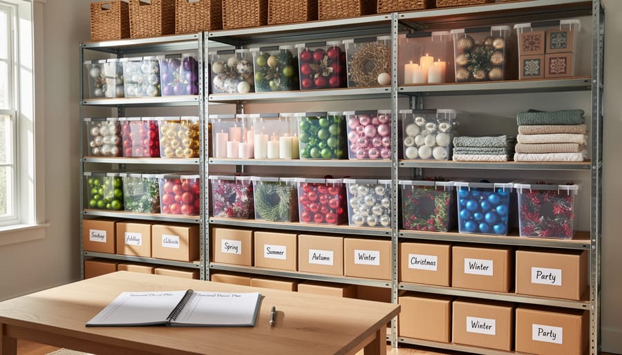 Organized Christmas decoration storage bins arranged in living room near fireplace
