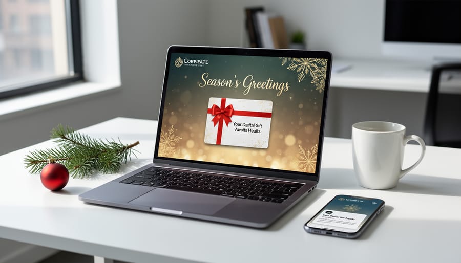 Laptop and smartphone displaying digital holiday gift cards with festive designs on modern desk