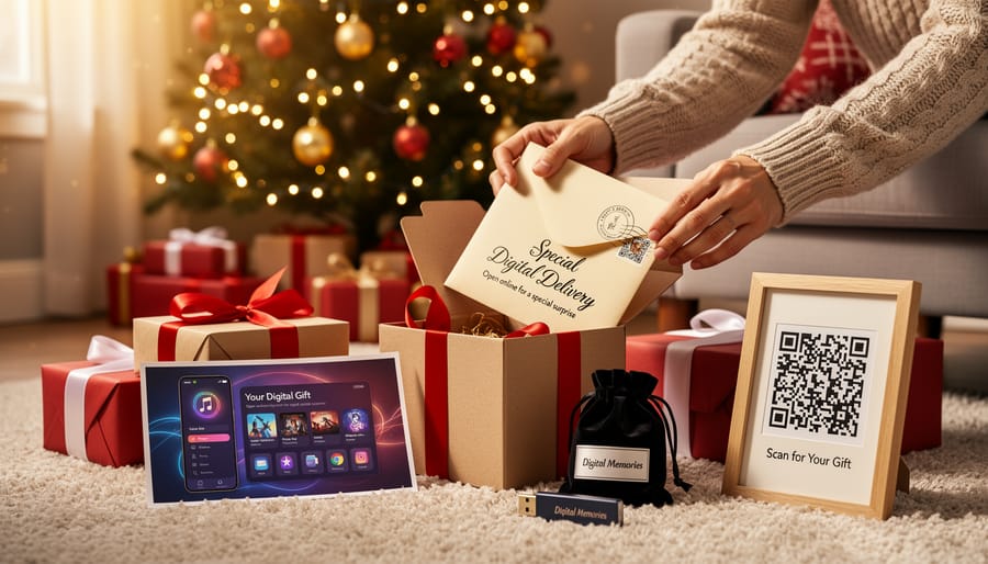 Festive gift card with ribbon surrounded by Christmas decorations and lights