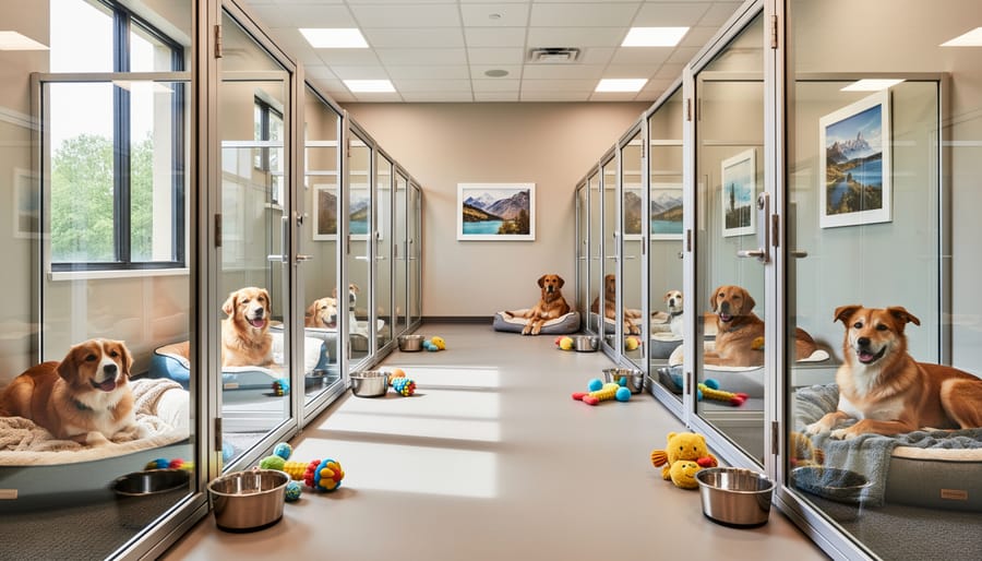 Golden retriever in comfortable boarding kennel suite with bed and toys