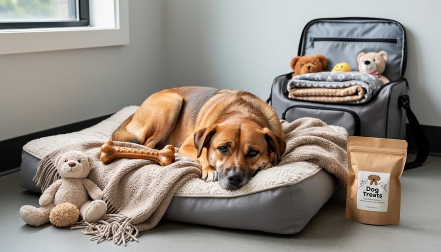 Organized collection of dog boarding essentials including food, toys, and comfort items