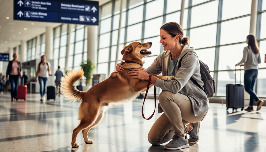 Dog enthusiastically greeting owner during pickup from boarding facility