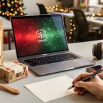 Holiday-themed office desk with open laptop and smartphone next to a kraft-paper coffee bag, small gourmet snack box, wooden spoon, headphones, and a blank note card being written, with golden bokeh string lights and a softly blurred office background.