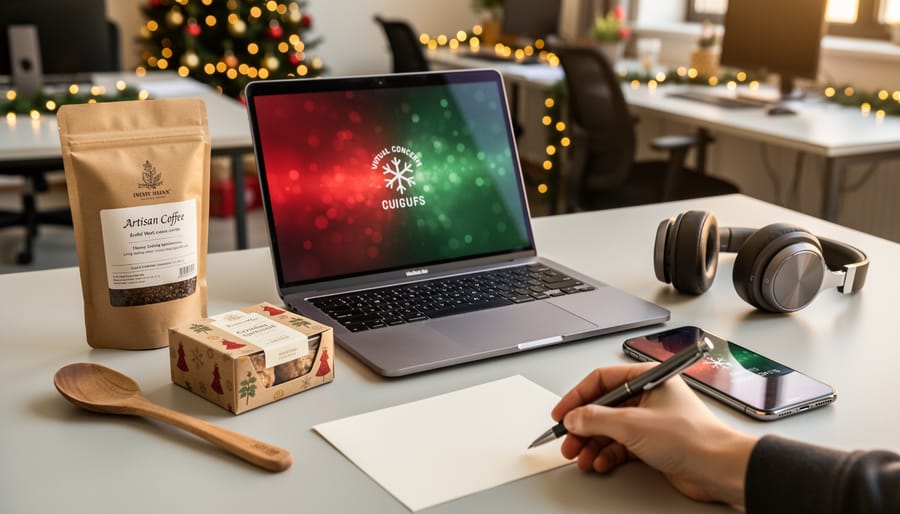 Holiday-themed office desk with open laptop and smartphone next to a kraft-paper coffee bag, small gourmet snack box, wooden spoon, headphones, and a blank note card being written, with golden bokeh string lights and a softly blurred office background.