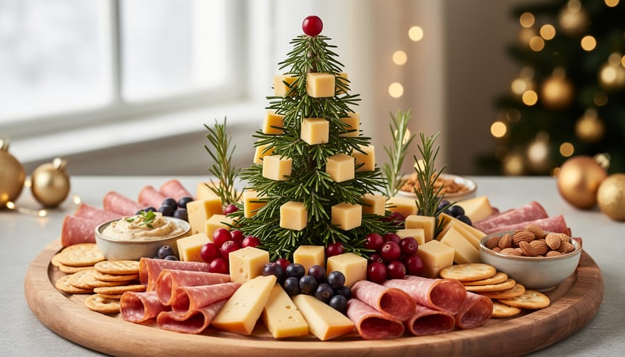 Close-up of Christmas tree shape created with rosemary, brie cheese, and red berries on charcuterie board