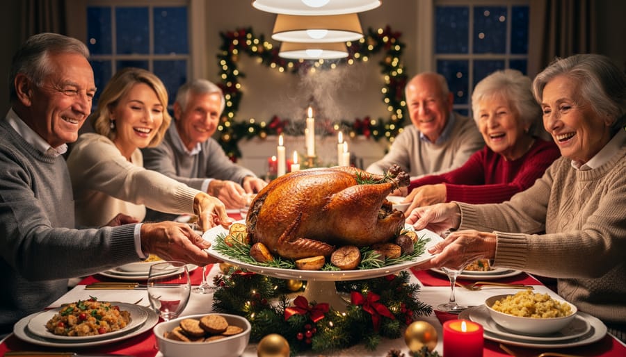 Family gathering around Christmas dinner table with roast beef centerpiece