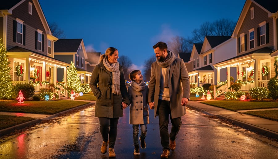 Family walking together through Christmas light displays in neighborhood at dusk