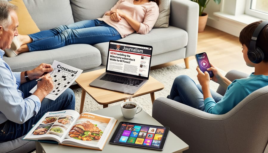 Multi-generational family enjoying different types of digital content in comfortable home setting