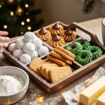 Overhead medium close-up of assorted four-ingredient Christmas cookies—snowballs, peanut butter blossoms, shortbread, and spritz wreaths—on a rustic tray atop a flour-dusted wooden counter, with bowls of flour, sugar, and butter nearby and a child’s floury hand reaching in; soft window light and blurred Christmas tree lights in the background.