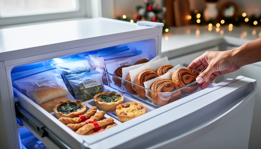 Open freezer drawer neatly arranged with parchment-wrapped palmiers, spinach puffs, mini quiches, cheese straws, and sausage rolls in clear bags and trays, with a hand placing a tray, and blurred holiday twinkle lights in the background.