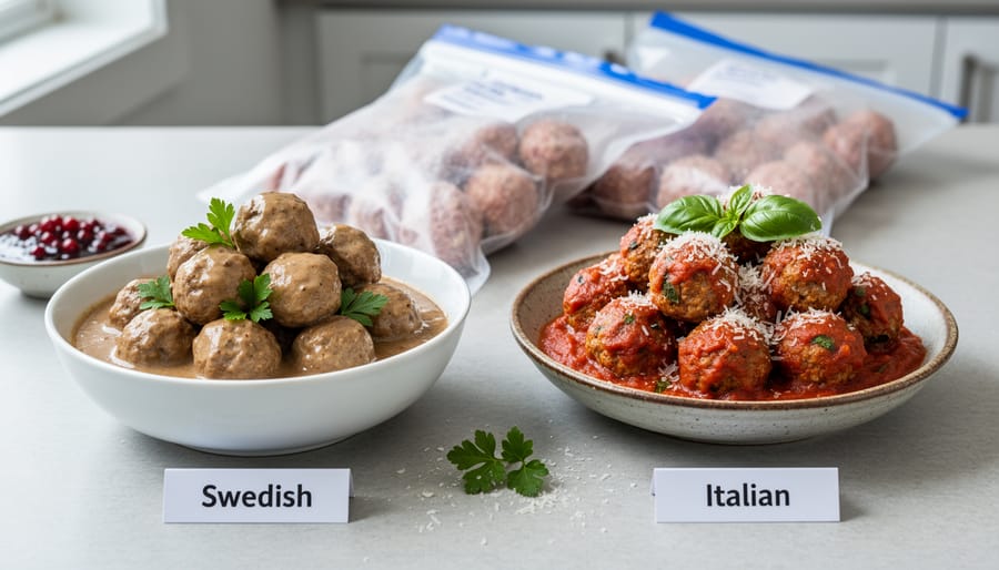 Glazed meatballs in cast iron skillet with fresh herbs and steam
