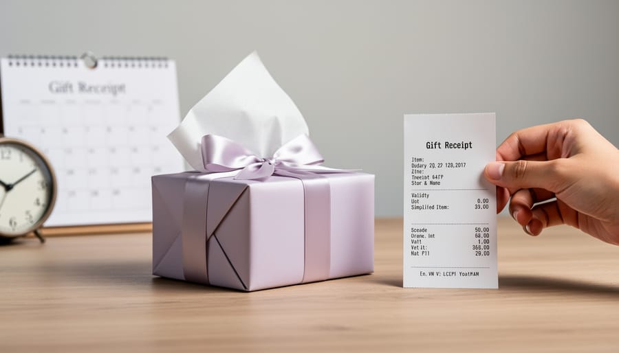 Close-up of hand holding white gift receipt with wrapped Christmas presents in background