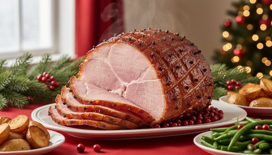 Whole glazed Christmas ham with honey coating on wooden serving board