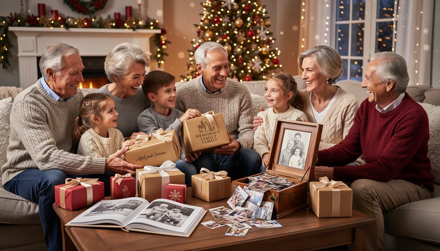 Multi-generational family sharing personalized photo album on couch