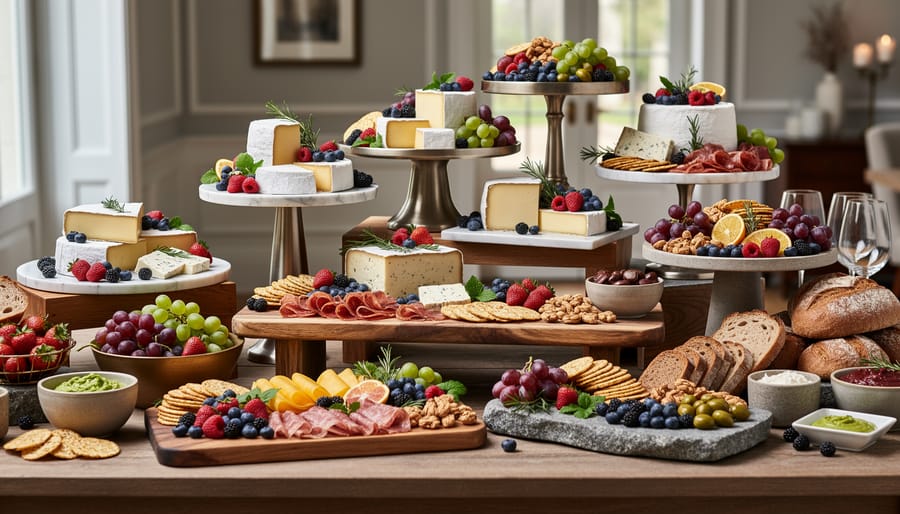 Tiered grazing table arrangement showing different height levels with food displays