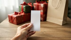 That Gift Receipt in Your Drawer: Does It Have an Expiration Date? Hand holding a plain gift receipt above a wooden table with wrapped Christmas gifts and a neutral shopping bag softly blurred in the background.