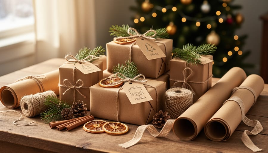 Hands wrapping homemade gift with kraft paper, twine, and dried orange slice decorations