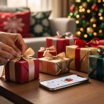 Close-up of hands tying a satin ribbon on a small wrapped gift on a wooden table, a smartphone with a minimal, text-free gift interface nearby, surrounded by neatly wrapped presents with a softly blurred Christmas tree in the background.