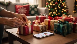 Share Your Holiday Joy Without the Awkward Moments: Evite Gift Registry Etiquette Close-up of hands tying a satin ribbon on a small wrapped gift on a wooden table, a smartphone with a minimal, text-free gift interface nearby, surrounded by neatly wrapped presents with a softly blurred Christmas tree in the background.