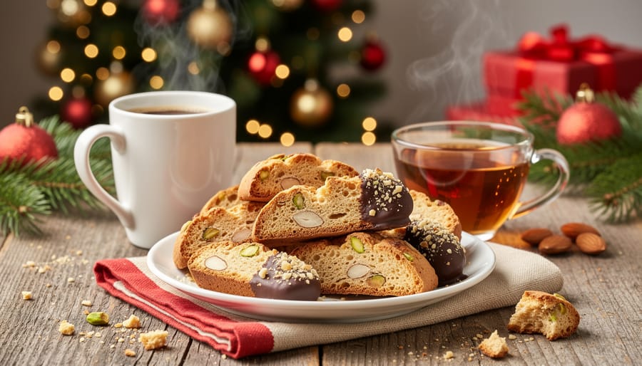 Italian biscotti cookies on plate next to espresso cup in rustic kitchen setting