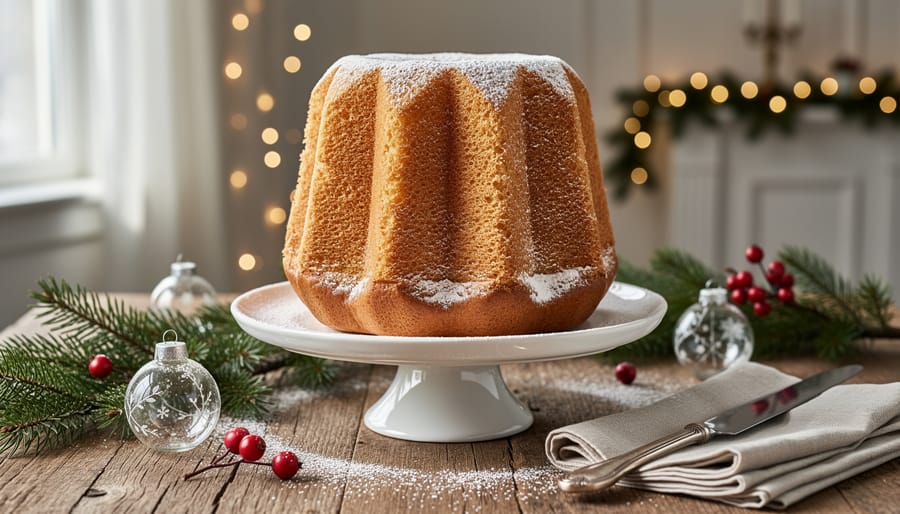 Golden star-shaped pandoro cake dusted with powdered sugar on dark serving board