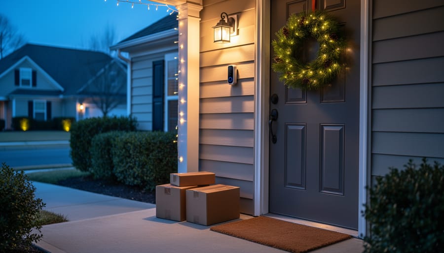 Twilight view of a suburban porch with two packages near the doormat, illuminated by a motion-activated light and monitored by a video doorbell, with a holiday wreath and string lights; background street softly blurred.