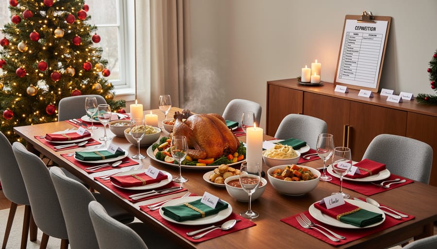 Elegantly set Christmas dinner table with candles, festive centerpiece, and complete place settings