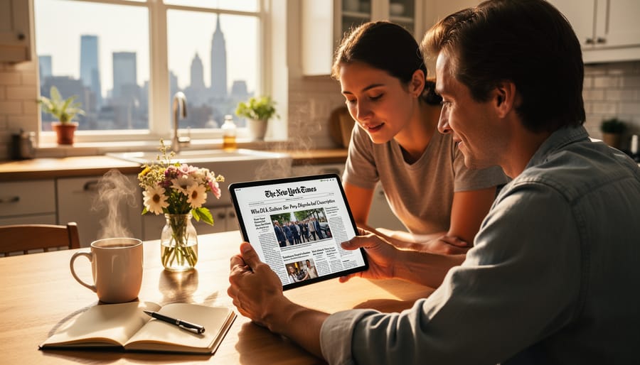Coffee and tablet with newspaper content on wooden table in morning light